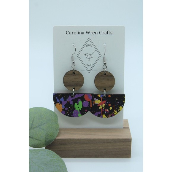 Wood Half Circle Splatter Paint Retro 80s Earrings - Picture 2 of 3